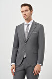  Erkek Gri Yünlü Slim Fit Mono Yaka Takım Elbise