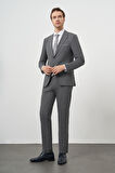  Erkek Gri Yünlü Slim Fit Mono Yaka Takım Elbise