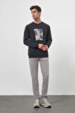  Erkek Siyah Trend Bisiklet Yaka Sweat-Shirt