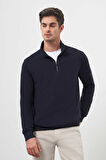  Erkek Lacivert Trend Dik Yaka Sweat-Shirt