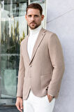  Erkek Bej Dokuma Slim Fit Mono Yaka Ceket
