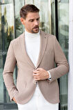  Erkek Bej Dokuma Slim Fit Mono Yaka Ceket