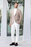  Erkek Bej Dokuma Slim Fit Mono Yaka Ceket