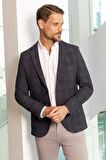  Erkek Lacivert Dokuma Slim Fit Mono Yaka Ceket