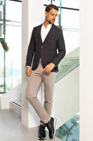  Erkek Lacivert Dokuma Slim Fit Mono Yaka Ceket