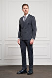  Erkek Lacivert Trend Slim Fit Dar Kesim Sivri Yaka Kruvaze Takım Elbise