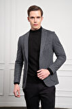  Erkek Gri Örme Slim Fit Dar Kesim Mono Yaka Ceket