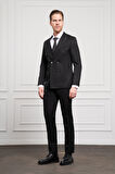  Erkek Siyah Kruvaze Slim Fit Sivri Yaka Takım Elbise