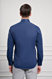  Erkek Lacivert Slim Fit Dar Kesim Sert Spor Yaka Gömlek
