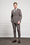  Erkek KAHVE Trend Slim Fit Sivri Yaka Kruvaze Takım Elbise