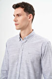  Erkek Gri Pamuk Çizgili-Panolu İtalyan Yaka Slim Fit Gömlek