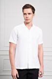  Erkek Beyaz Apaş Yaka Kısa Kol Gömlek
