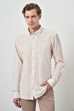  Erkek Bej Pamuk Trend Slim Fit Düğmeli Yaka Gömlek