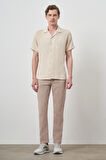  Erkek Bej Trend Keten Regular Fit Apaş Yaka Kısa Kol Gömlek