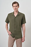  Erkek Haki Keten Regular Fit Apaş Yaka Kısa Kol Gömlek