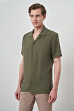  Erkek Haki Keten Regular Fit Apaş Yaka Kısa Kol Gömlek