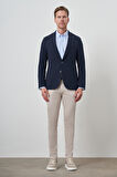  Erkek Lacivert Dokuma Slim Fit Mono Yaka Ceket