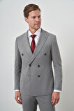  Erkek Gri Poliviskon Trend Kruvaze Çizgili Desen Slim Fit Sivri Yaka Takım Elbise