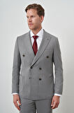  Erkek Gri Poliviskon Trend Kruvaze Çizgili Desen Slim Fit Sivri Yaka Takım Elbise