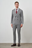  Erkek Gri Poliviskon Trend Kruvaze Çizgili Desen Slim Fit Sivri Yaka Takım Elbise