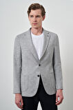  Erkek Gri Keten Dokuma Desenli Slim Fit Mono Yaka Ceket