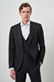  Erkek Siyah Trend Yelekli Slim Fit  Sivri Yaka Takım Elbise