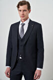  Erkek Lacivert Trend Yelekli Slim Fit  Sivri Yaka Takım Elbise