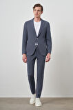  Erkek Lacivert Poliviskon Trend Çizgili Slim Fit Mono Yaka Takım Elbise