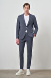  Erkek Lacivert Poliviskon Trend Çizgili Slim Fit Mono Yaka Takım Elbise