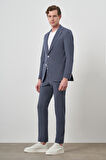  Erkek Lacivert Poliviskon Trend Çizgili Slim Fit Mono Yaka Takım Elbise
