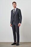  Erkek Füme Poliviskon Slim Fit Yelekli Mono Yaka Takım Elbise