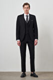  Erkek Siyah Poliviskon Basic Yelekli Slim Fit Mono Yaka Takım Elbise