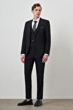  Erkek Siyah Poliviskon Basic Yelekli Slim Fit Mono Yaka Takım Elbise