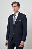 Erkek Lacivert Poliviskon Çizgili Slim Fit Sivri Yaka Takım Elbise