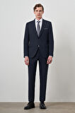  Erkek Lacivert Poliviskon Çizgili Slim Fit Sivri Yaka Takım Elbise