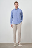  Erkek Mavi Keten Trend Dynamic Fit Düğmeli Yaka Gömlek