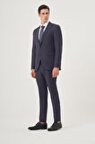  Erkek Lacivert Yünlü  8-Drop Trend Çizgili Slim Fit Sivri Yaka Takım Elbise