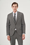  Erkek Füme Poliviskon Trend Çizgili Slim Fit Mono Yaka Çift Kapak Cepli Takım Elbise
