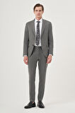  Erkek Füme Poliviskon Trend Çizgili Slim Fit Mono Yaka Çift Kapak Cepli Takım Elbise