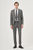  Erkek Füme Poliviskon Trend Çizgili Slim Fit Mono Yaka Çift Kapak Cepli Takım Elbise