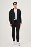  Erkek Siyah Poliviskon Trend Çizgili Slim Fit Mono Yaka Takım Elbise