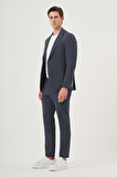  Erkek Lacivert Poliviskon Trend Çizgili Slim Fit Mono Yaka Takım Elbise