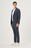  Erkek Lacivert Poliviskon Trend Çizgili Slim Fit Mono Yaka Takım Elbise