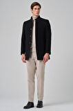  Erkek Siyah Yünlü Düz Dynamic Fit Hakim Yaka Kaban