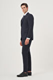  Erkek Lacivert Yünlü Trend Ekoseli Slim Fit Sivri Yaka Takım Elbise
