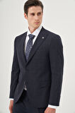  Erkek Lacivert Yünlü Trend Ekoseli Slim Fit Sivri Yaka Takım Elbise