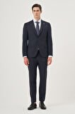  Erkek Lacivert Yünlü Trend Ekoseli Slim Fit Sivri Yaka Takım Elbise