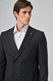  Erkek Füme Poliviskon Trend Çizgili Slim Fit Sivri Yaka Kruvaze Takım Elbise