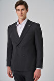  Erkek Füme Poliviskon Trend Çizgili Slim Fit Sivri Yaka Kruvaze Takım Elbise