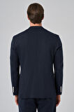  Erkek Lacivert Poliviskon Trend Çizgili Slim Fit Mono Yaka Takım Elbise